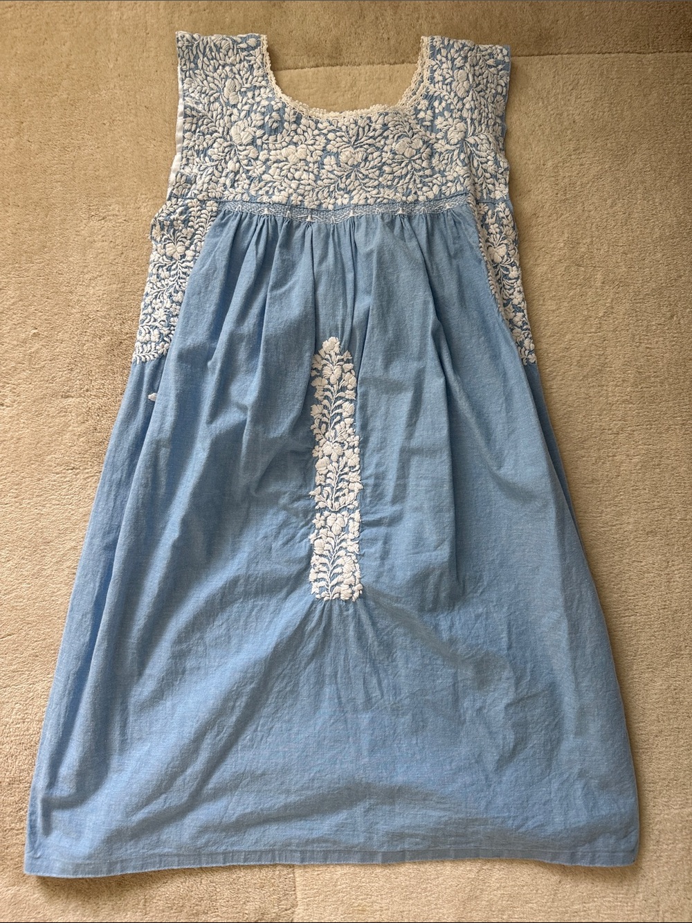 Light Blue Embroidered Cotton Sundress with White Floral Detail